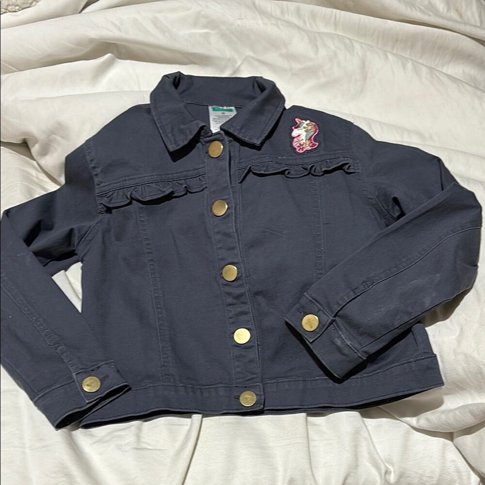 365 Kids grey jean unicorn Jacket Unicorn patch /back detail like new snaps euc